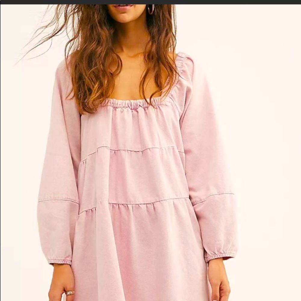 NWT Free people Lou Jean babydoll denim dress Pink Acid Wash RARE!